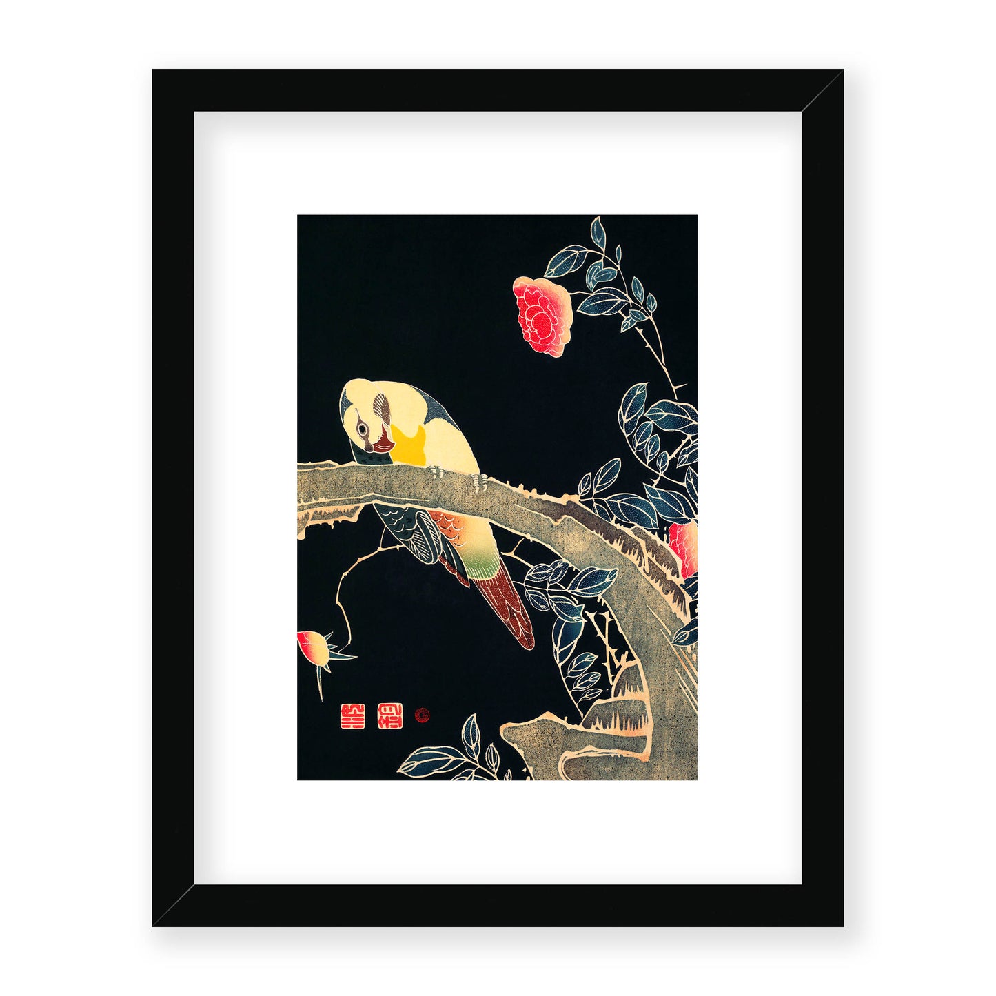 Ito Jakuchu - Parrot on the Branch of a Flowering Rose Bush