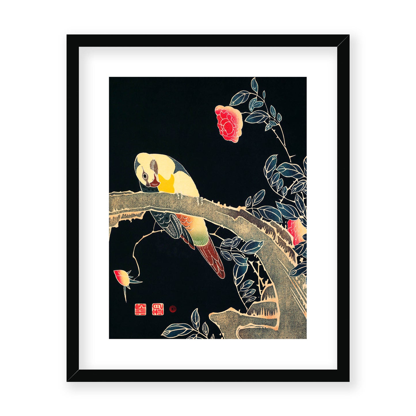 Ito Jakuchu - Parrot on the Branch of a Flowering Rose Bush