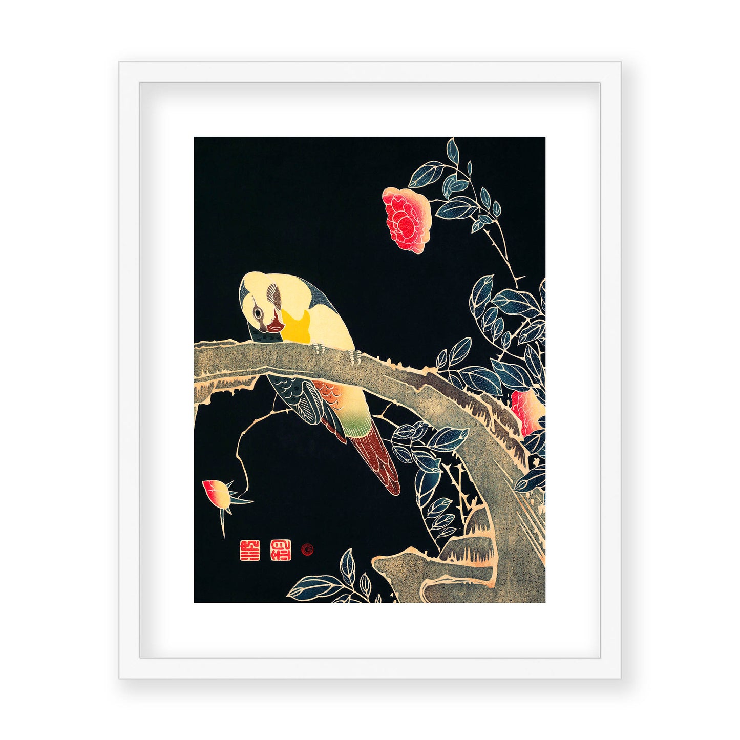 Ito Jakuchu - Parrot on the Branch of a Flowering Rose Bush