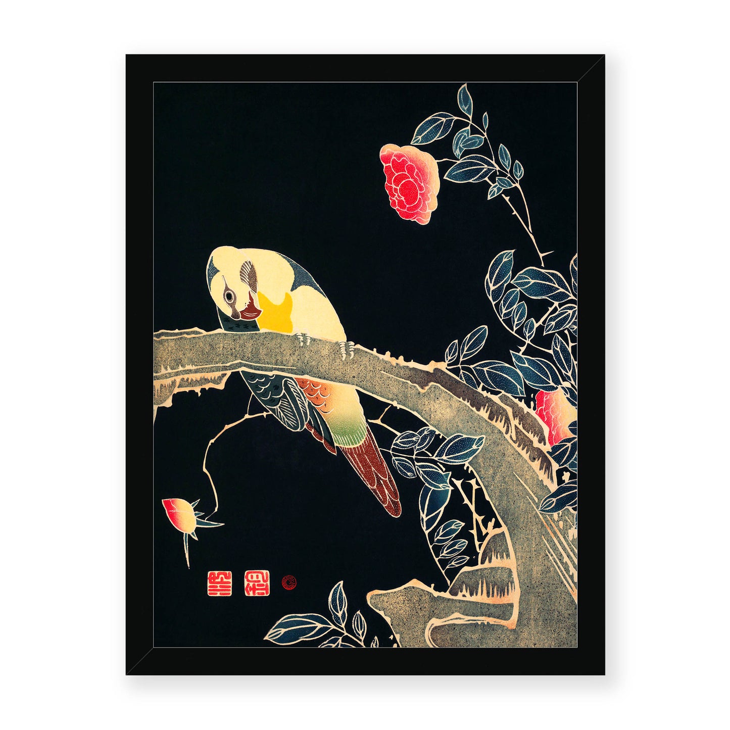 Ito Jakuchu - Parrot on the Branch of a Flowering Rose Bush