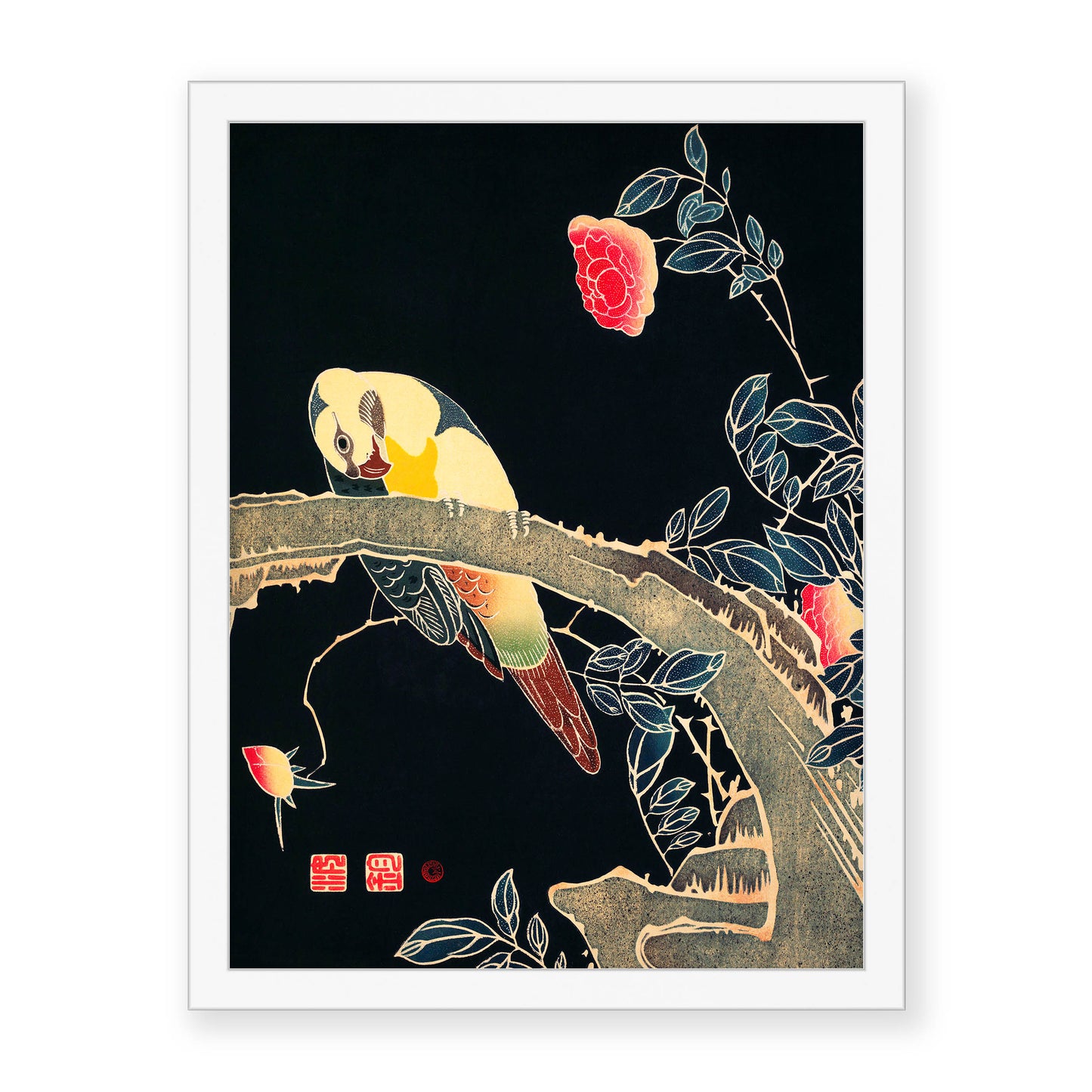 Ito Jakuchu - Parrot on the Branch of a Flowering Rose Bush