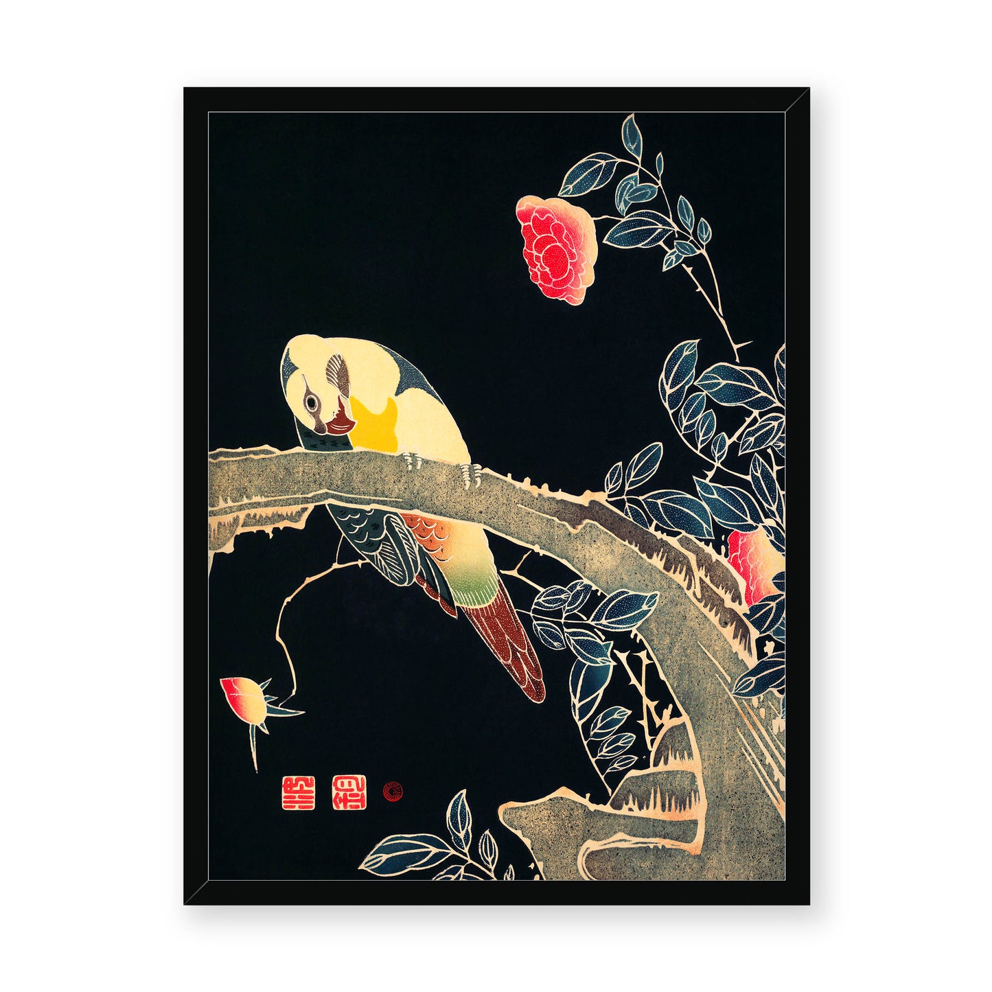 Ito Jakuchu - Parrot on the Branch of a Flowering Rose Bush