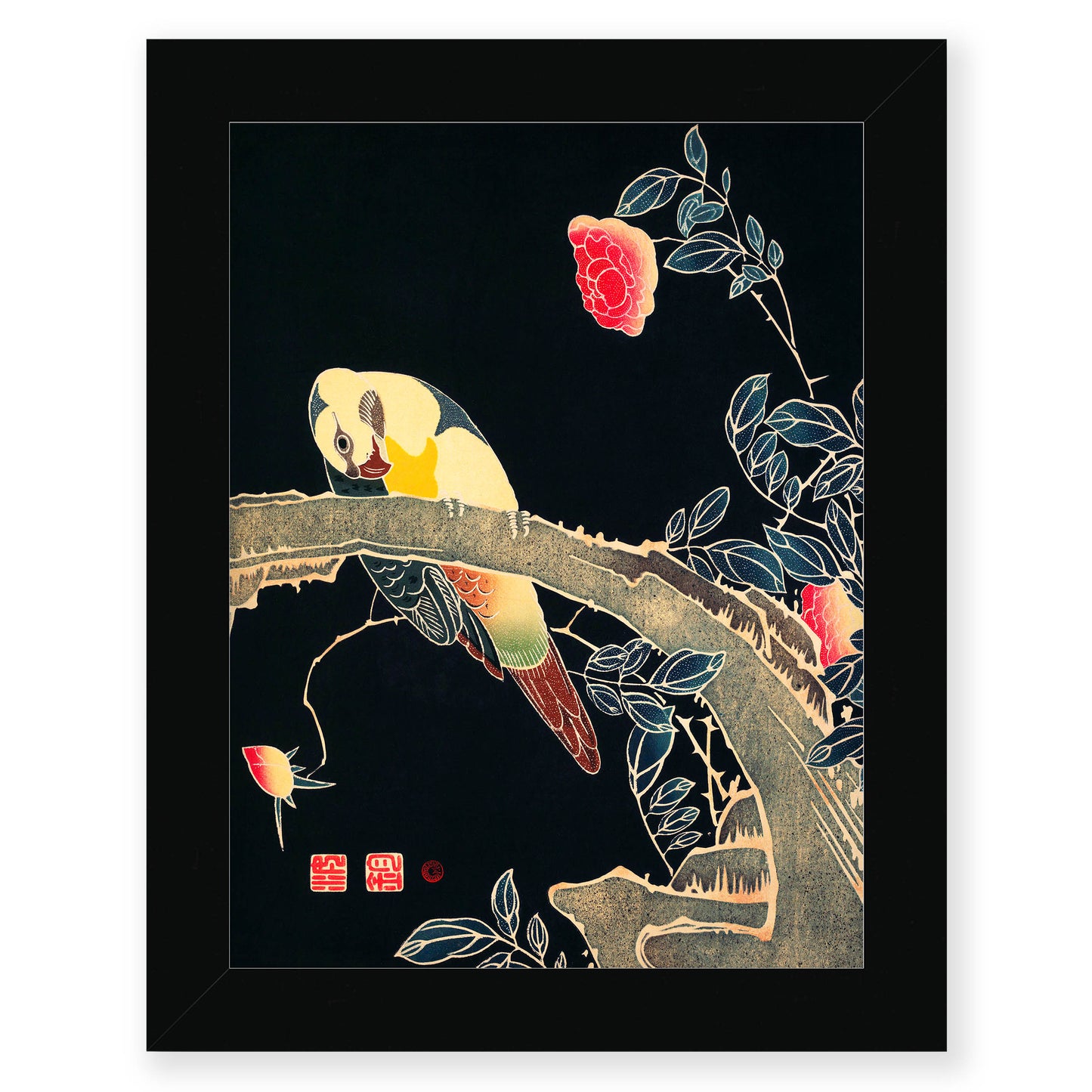 Ito Jakuchu - Parrot on the Branch of a Flowering Rose Bush