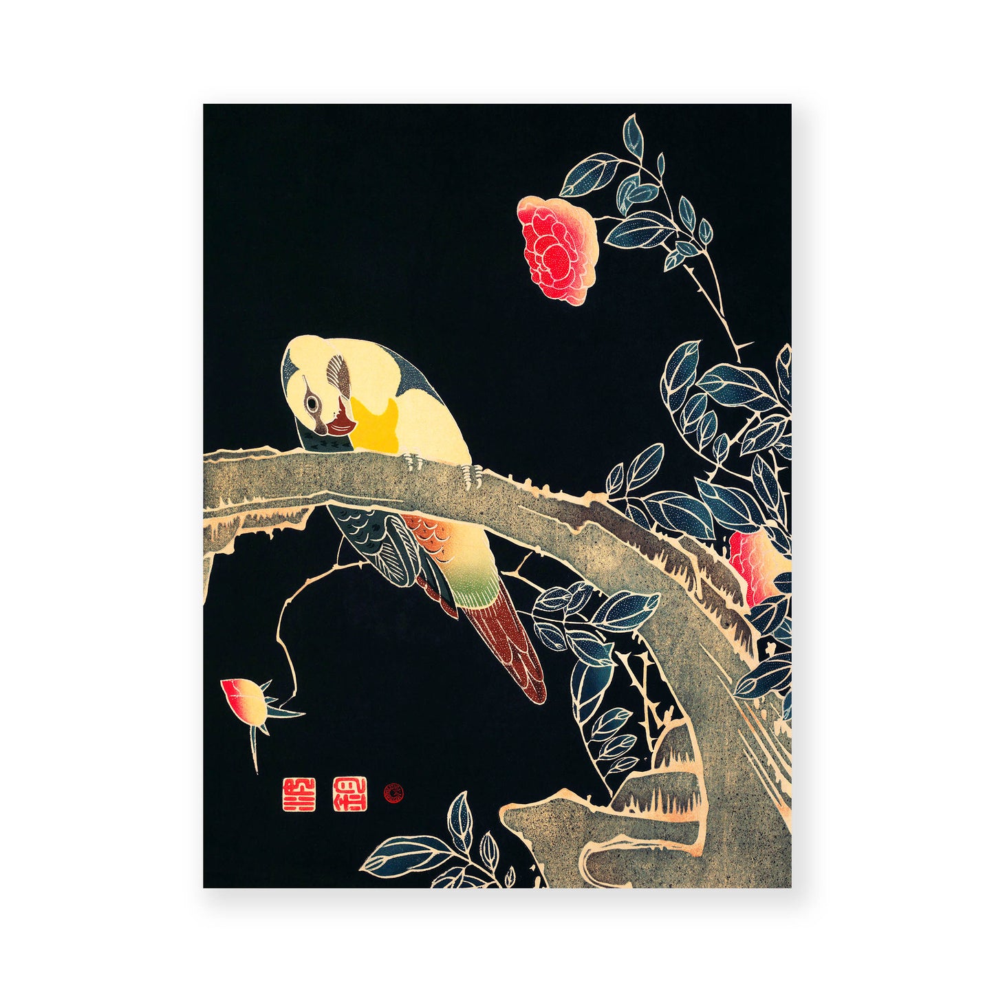 Ito Jakuchu - Parrot on the Branch of a Flowering Rose Bush